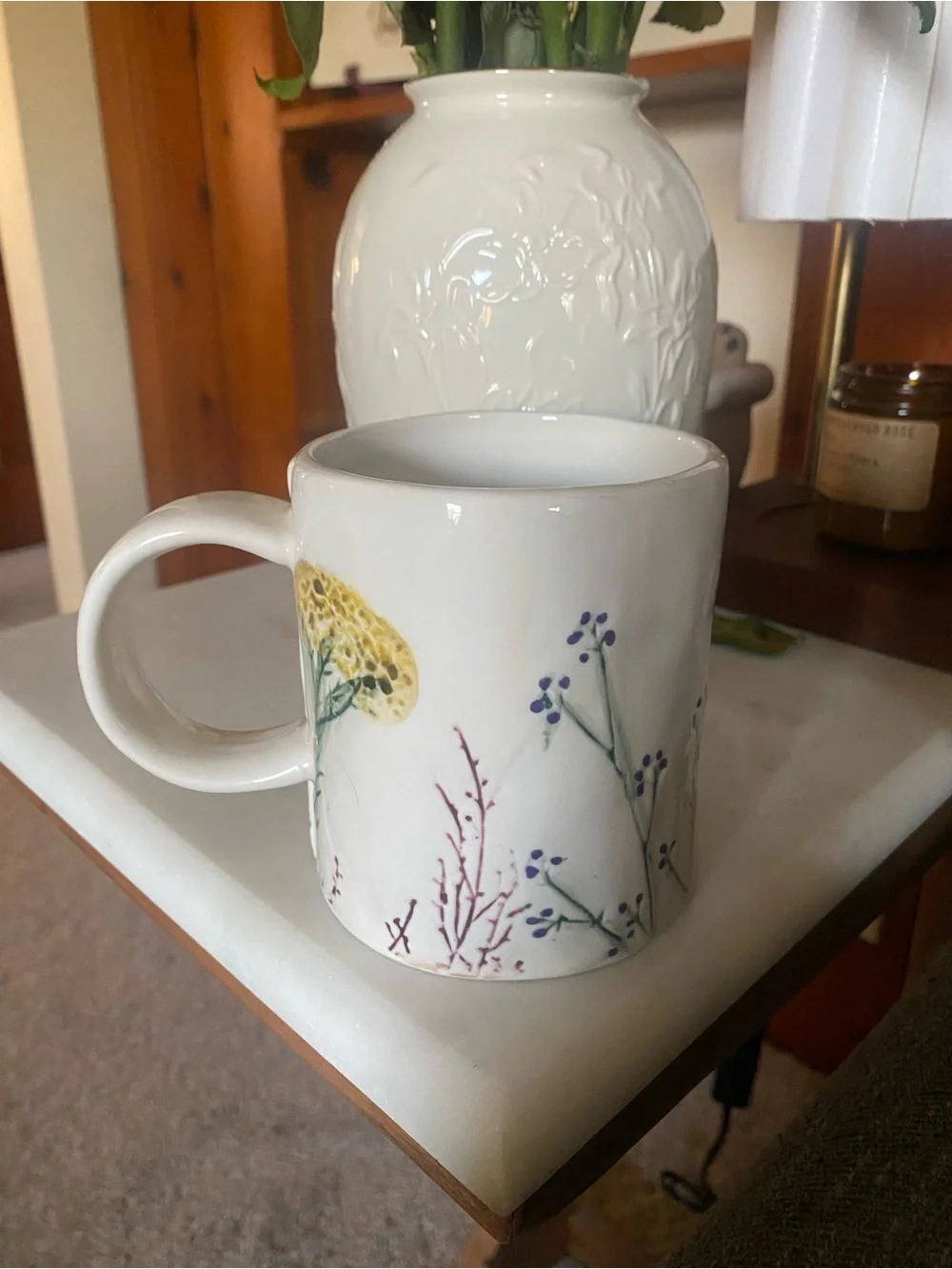 Anthropologie Cream Ceramic Monogram 'L' Mug with Coral Floral Accents